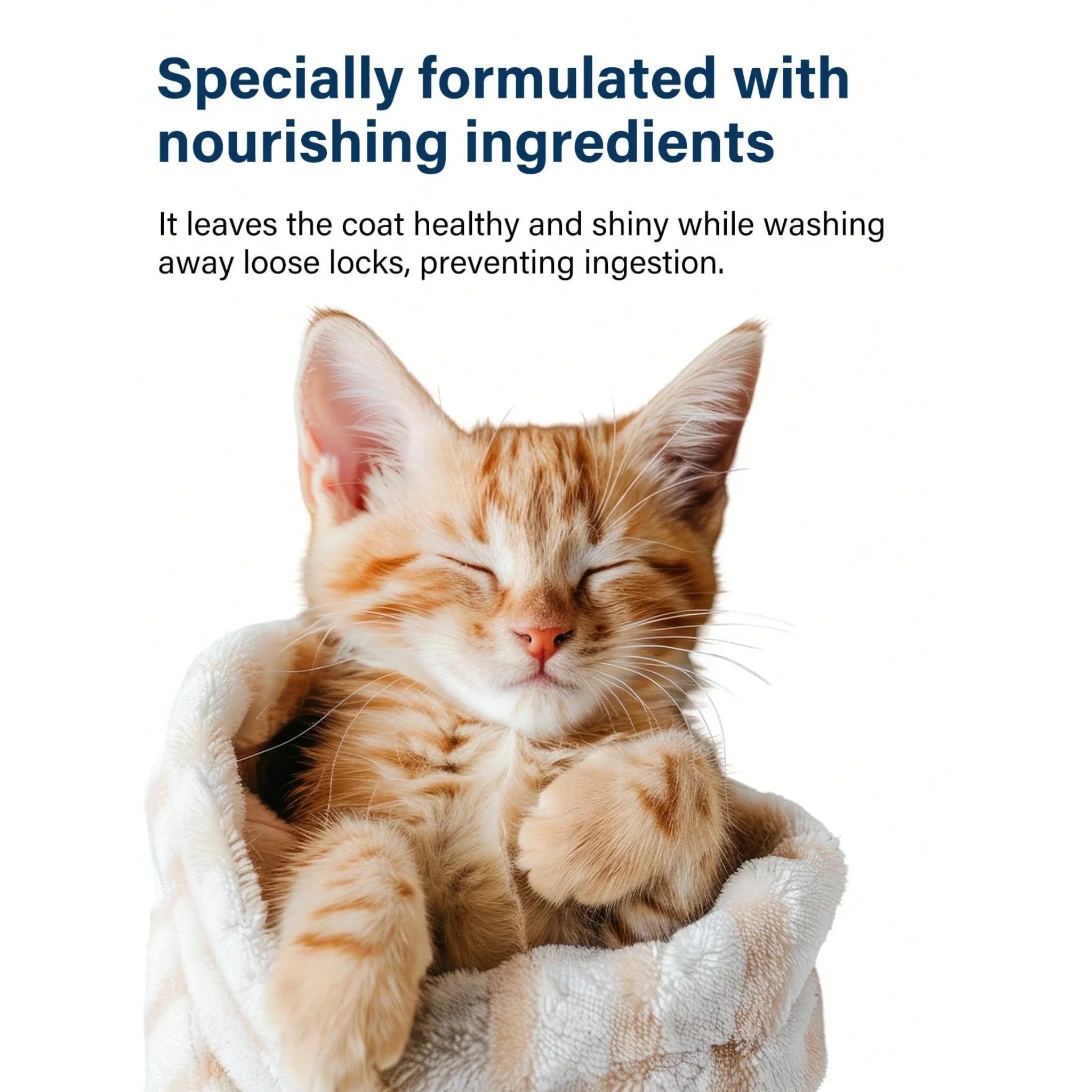 Cat shampoo bottle with a kitten wrapped in a pink towel, Pet product