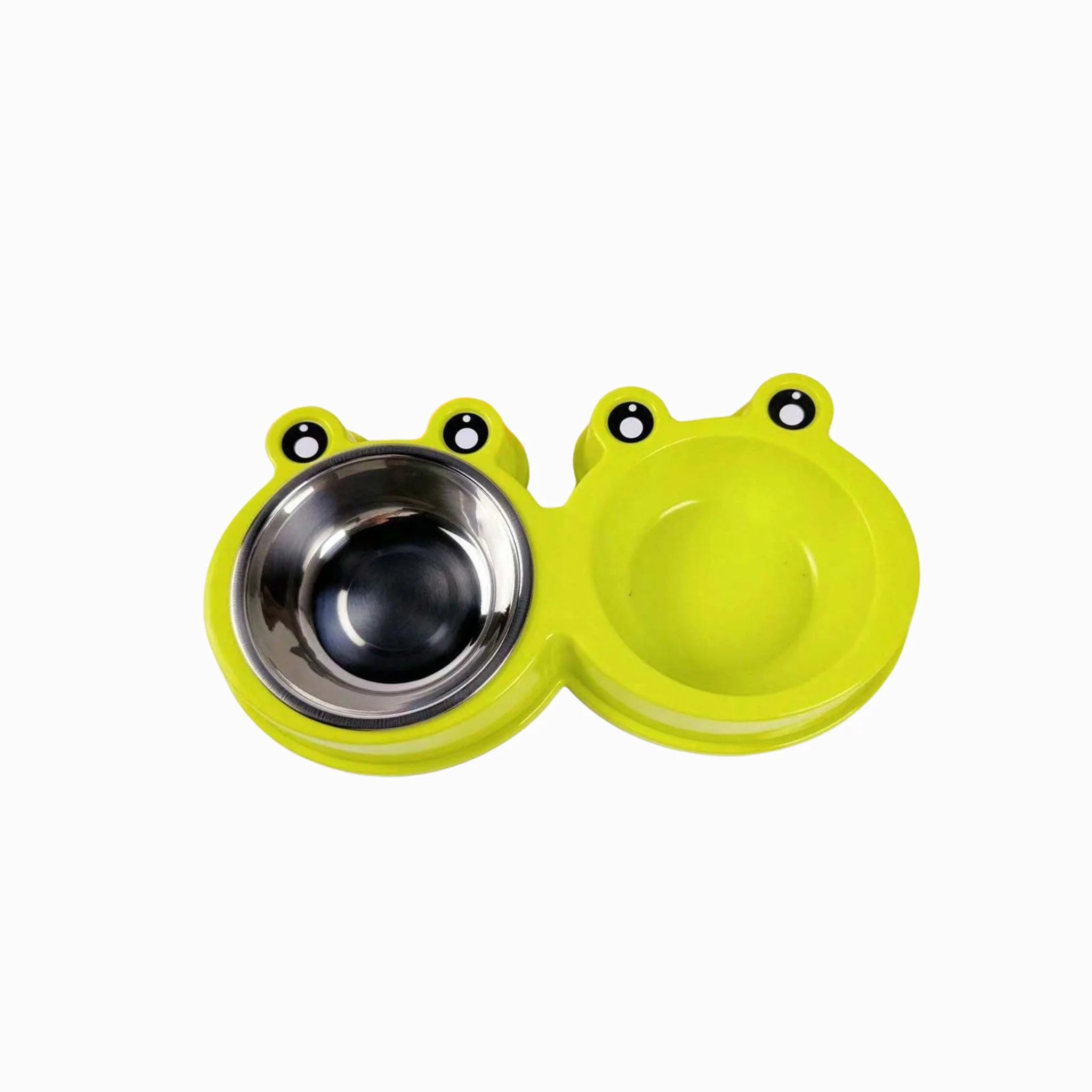 Yellow pet bowl shaped like a frog with a silver interior on a white background, Pet product