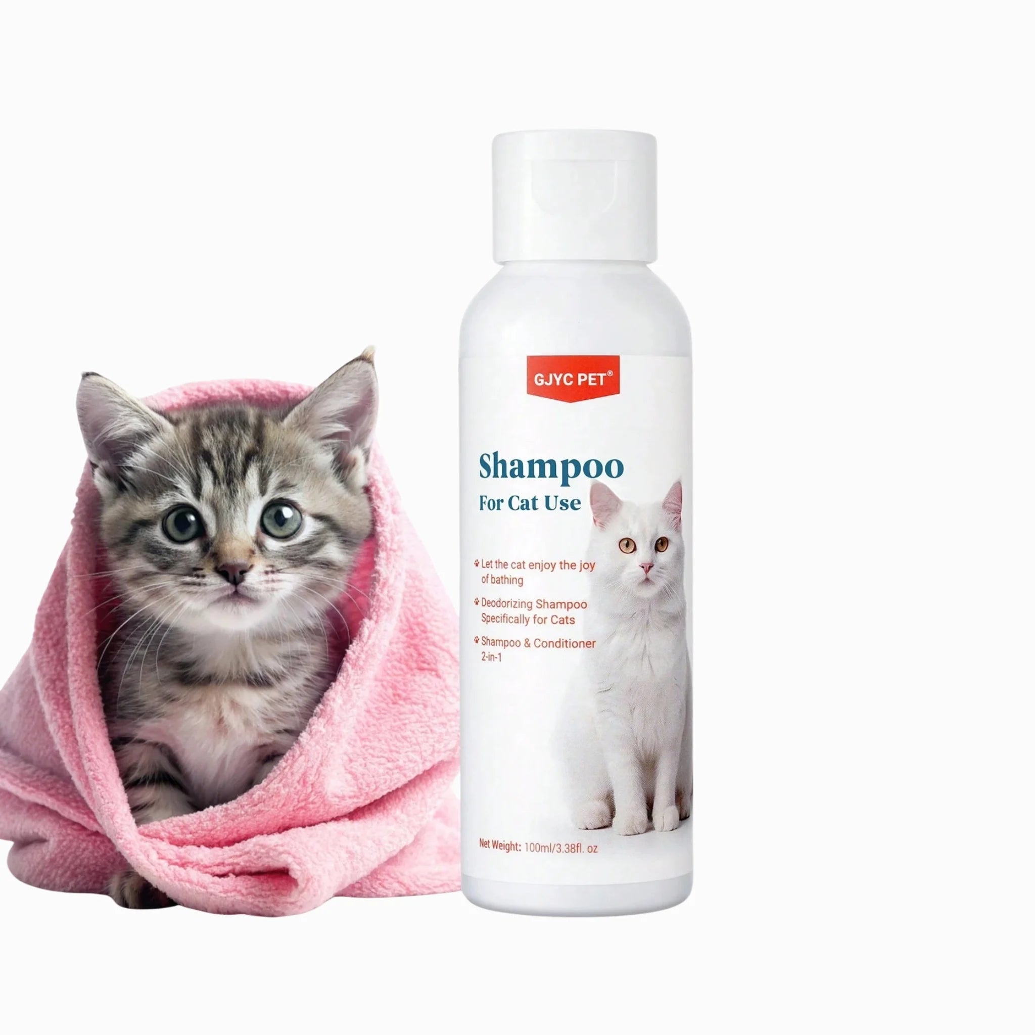 Cat shampoo bottle with a kitten wrapped in a pink towel, Pet product