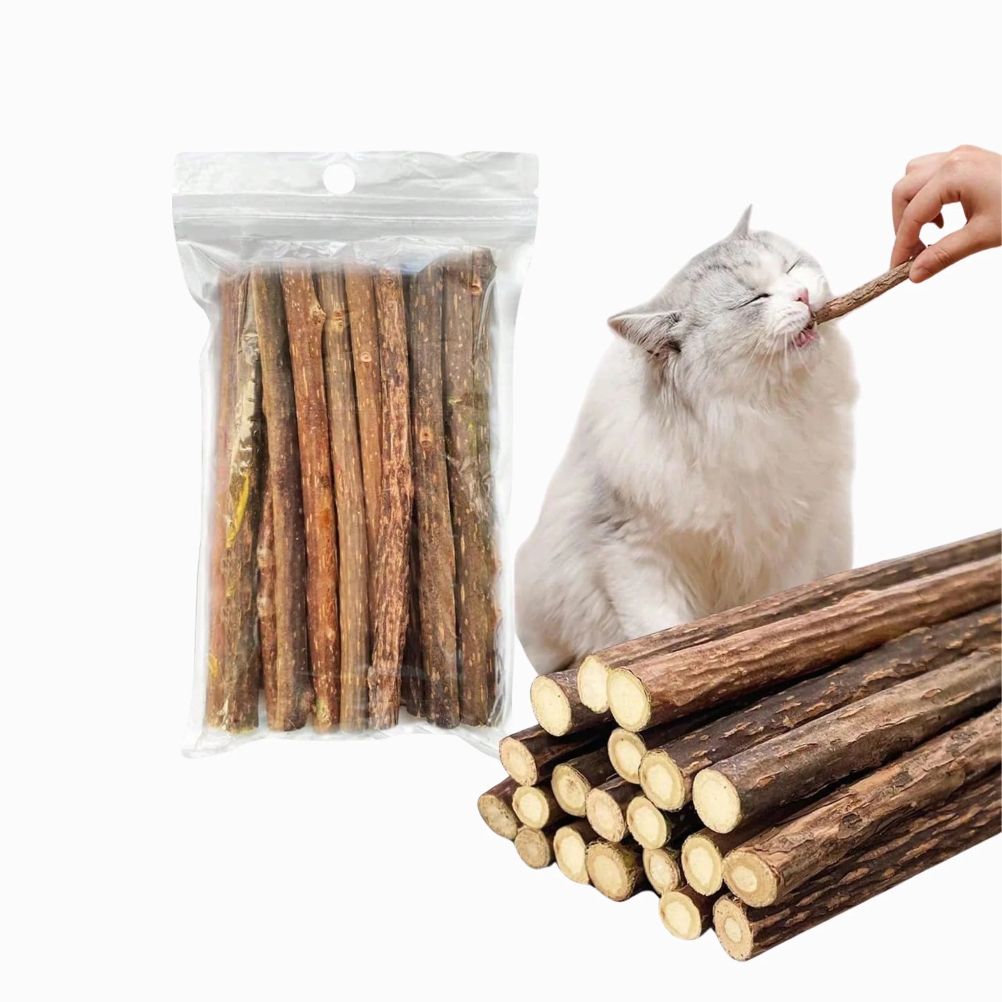 Pet Teeth Clean, Cat nip sticks with a cat and a hand holding a stick on a white background