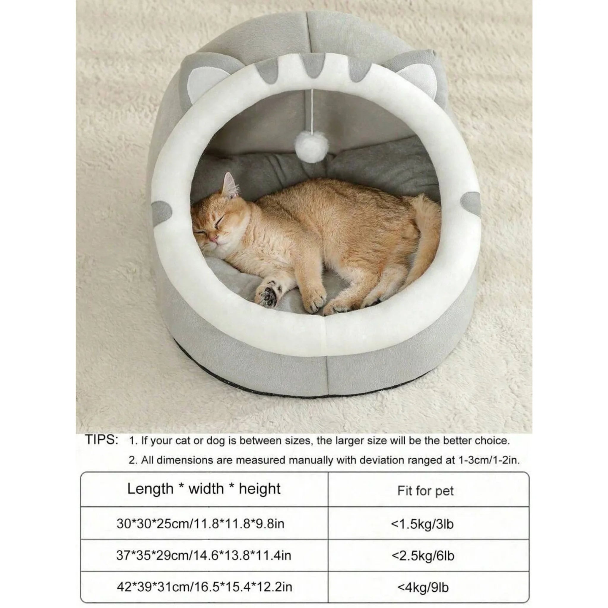 Cat grey and white pet bed with a hanging toy on a white background, Pet product