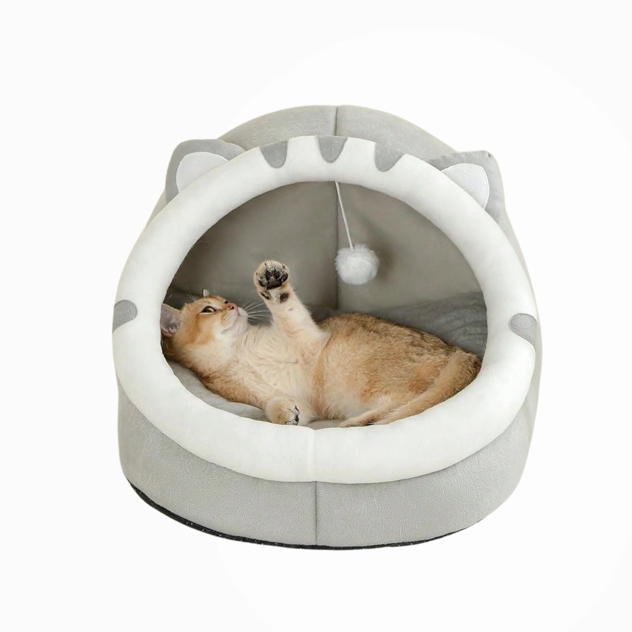 Cat grey and white pet bed with a hanging toy on a white background, Pet product