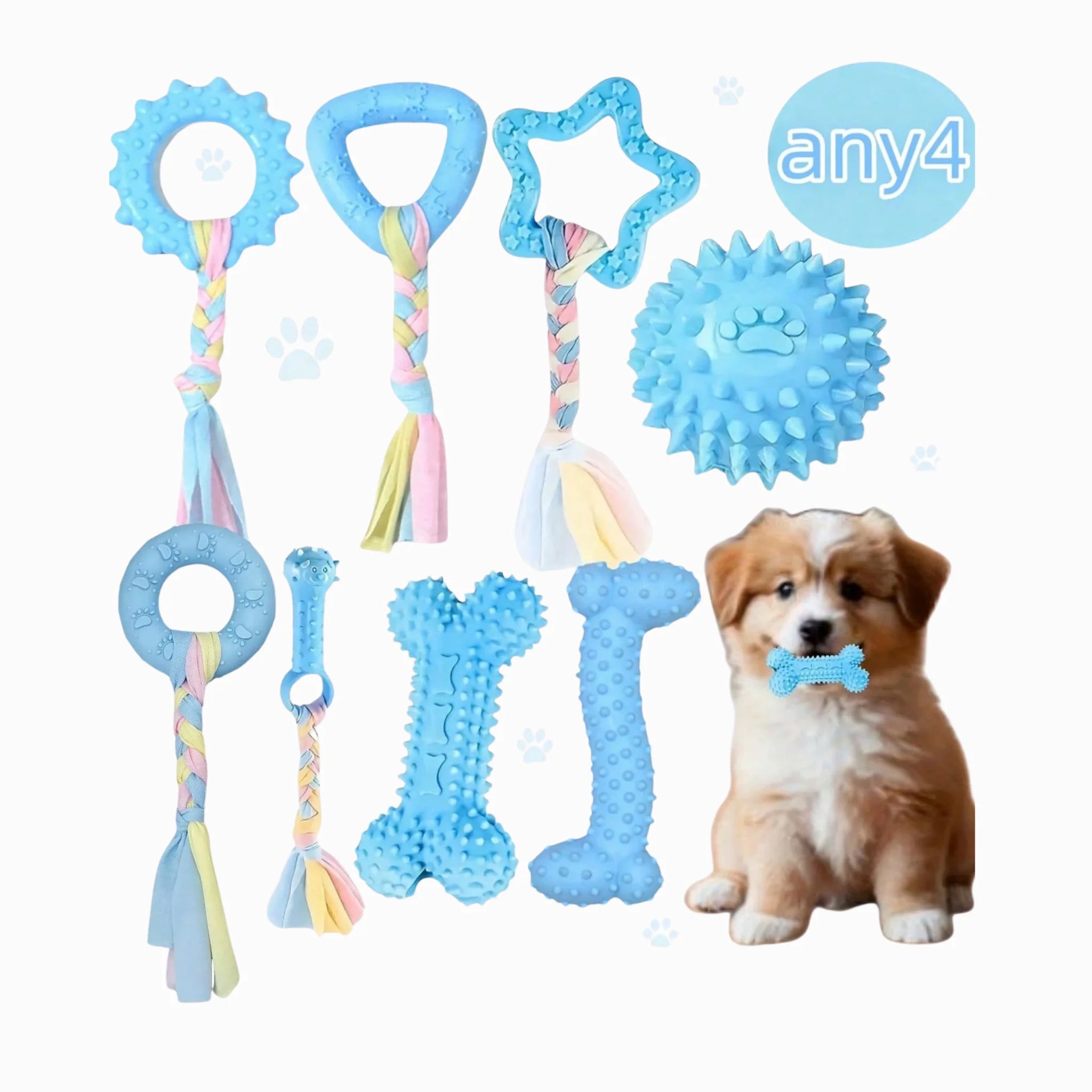 Set of blue dog toys with a puppy holding a bone toy, branded 'any4'.