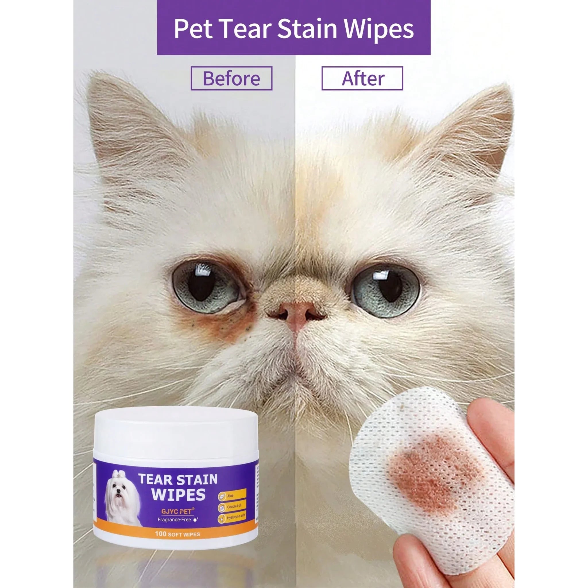 100 Sofy wipes GJYC Pet Tear Stain Wipes with a white dog on the label, Pet product
