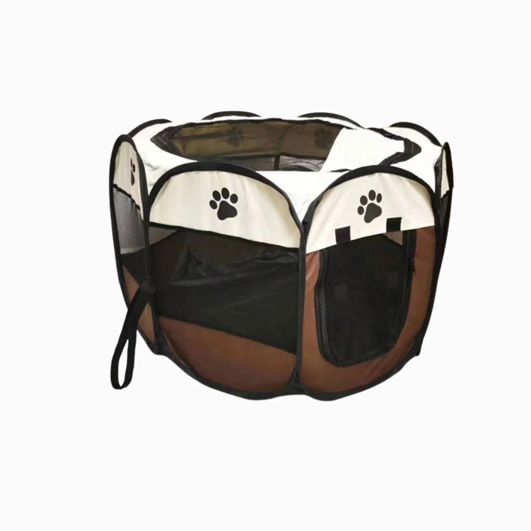 Petsovo Foldable Pet Playpen: Grey & White Tent with Paw Print Design - Brown