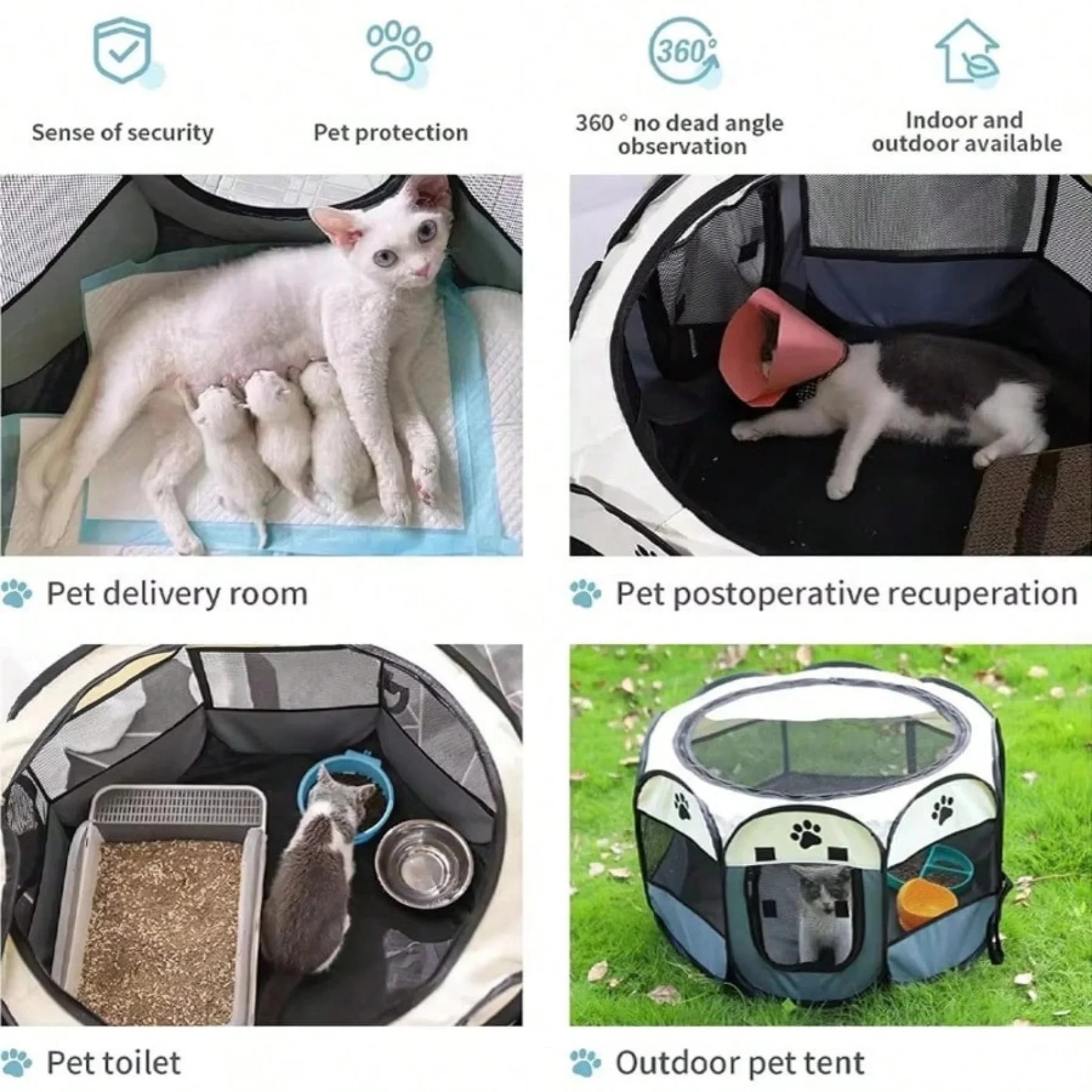 Petsovo Foldable Pet Playpen: Grey & White Tent with Paw Print Design - Brown