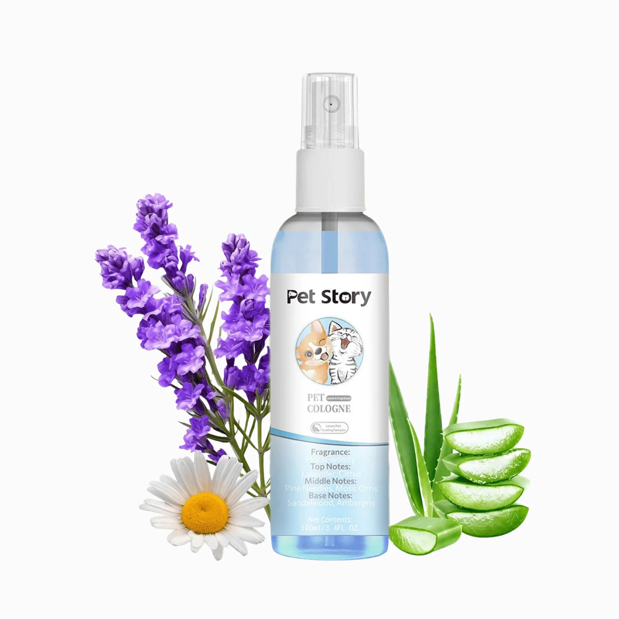 Pet Story cologne bottle with lavender, aloe vera, and daisy on a white background