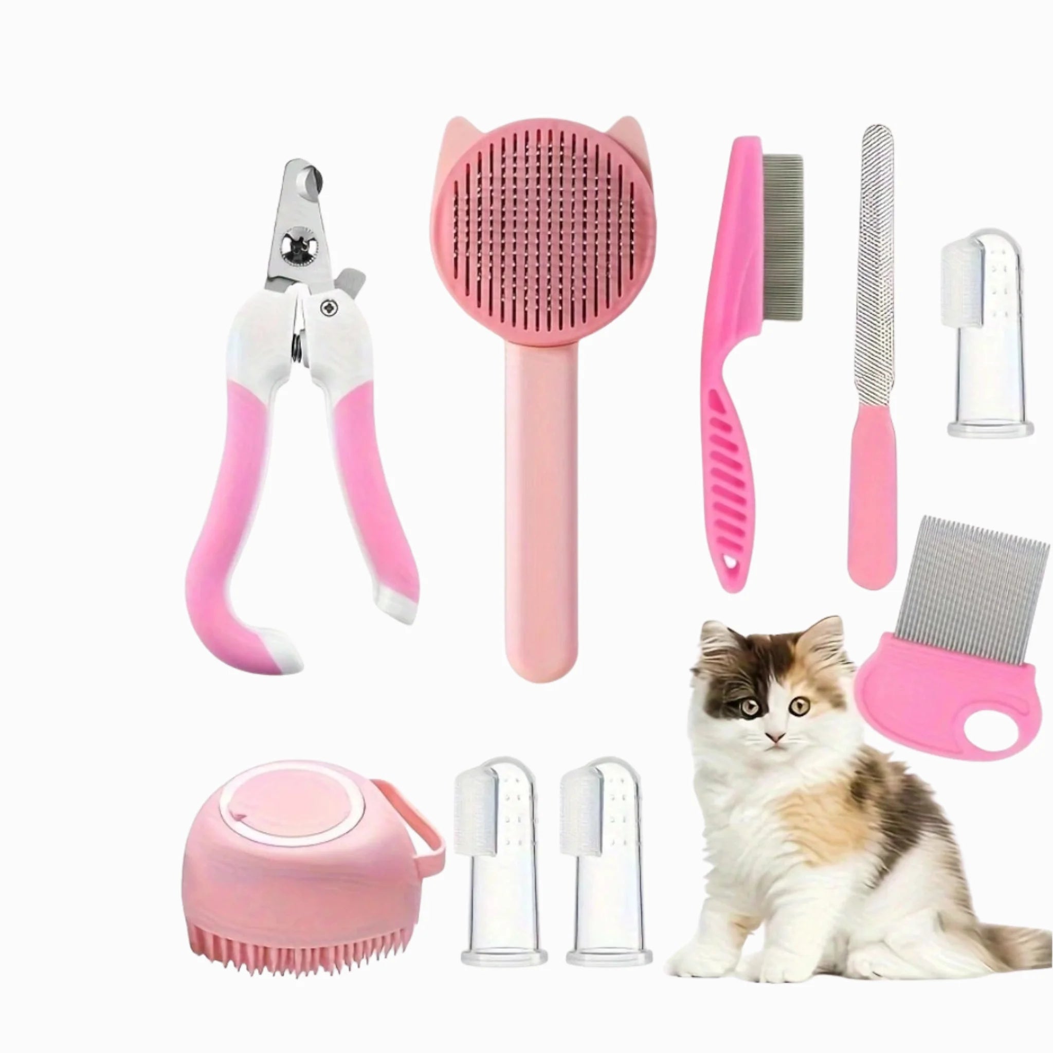 Set of pet grooming tools kit with a cat , Pet product 