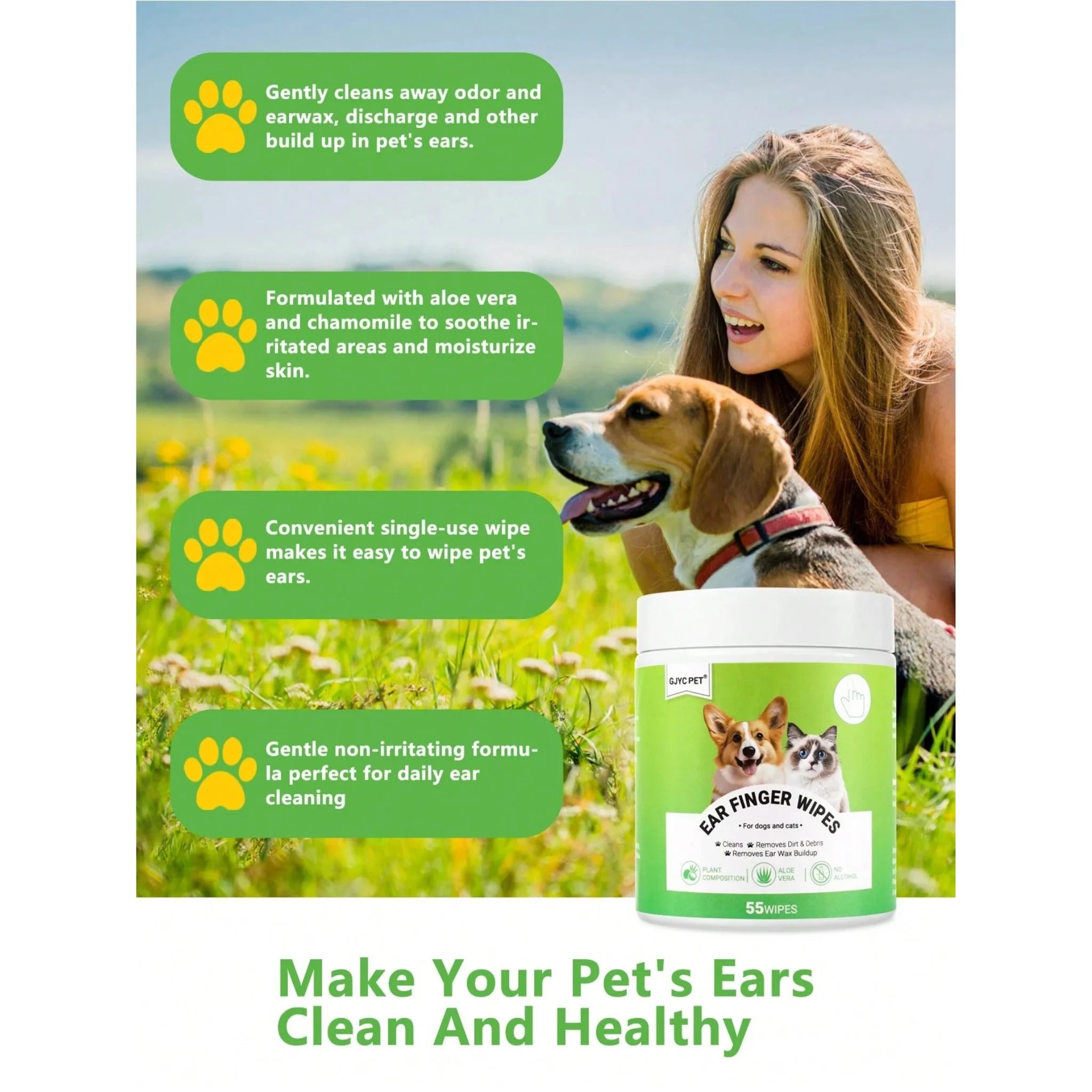 55 Count Gentle Ear Wipes for Dogs & Cats - Odor & Debris Remover