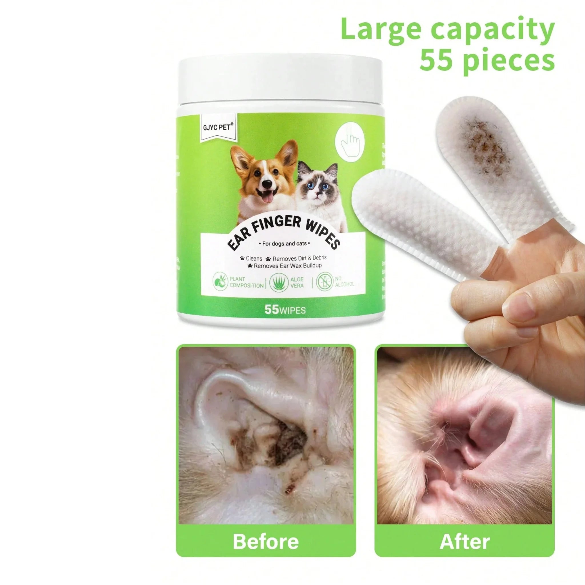 55 Count Gentle Ear Wipes for Dogs & Cats - Odor & Debris Remover