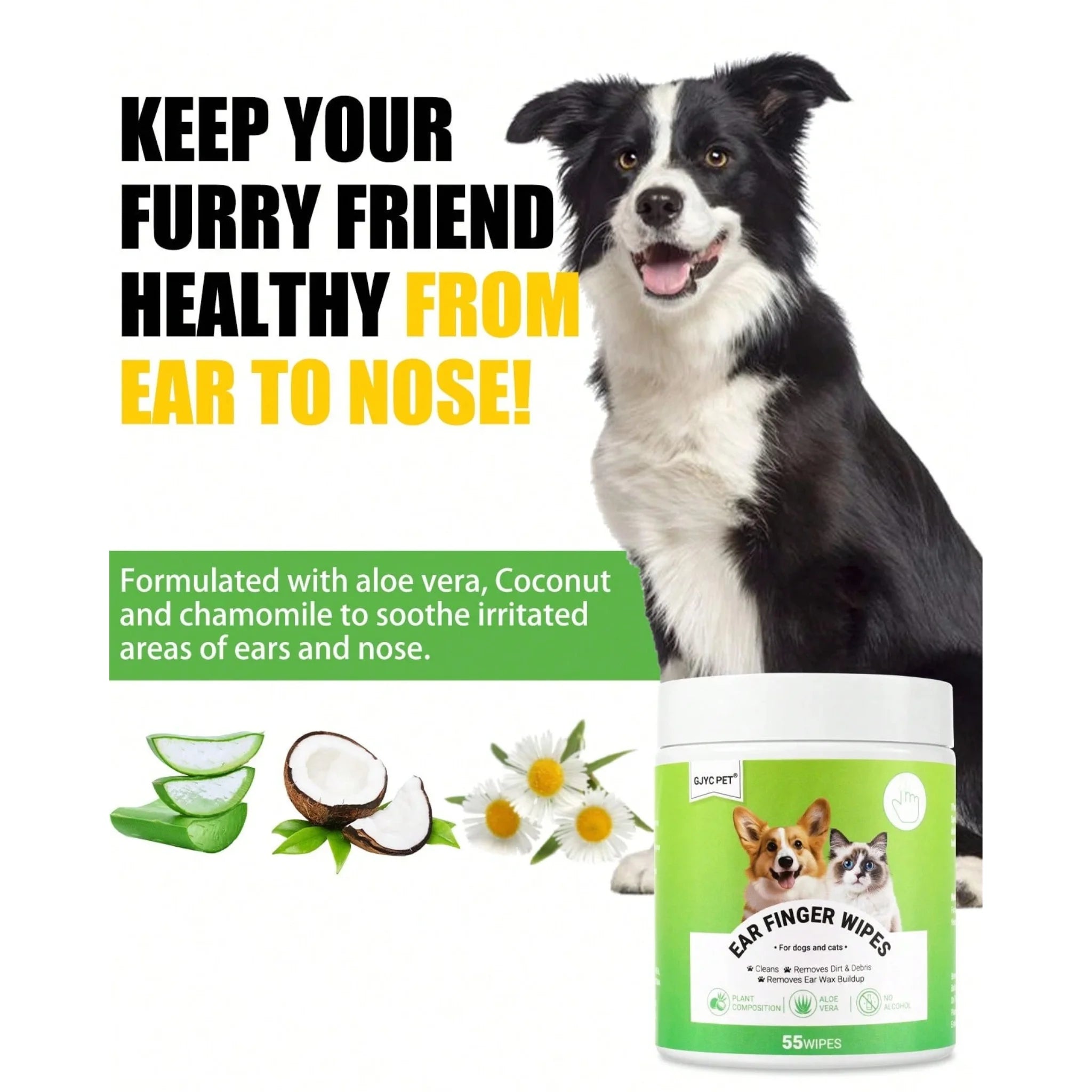 55 Count Gentle Ear Wipes for Dogs & Cats - Odor & Debris Remover
