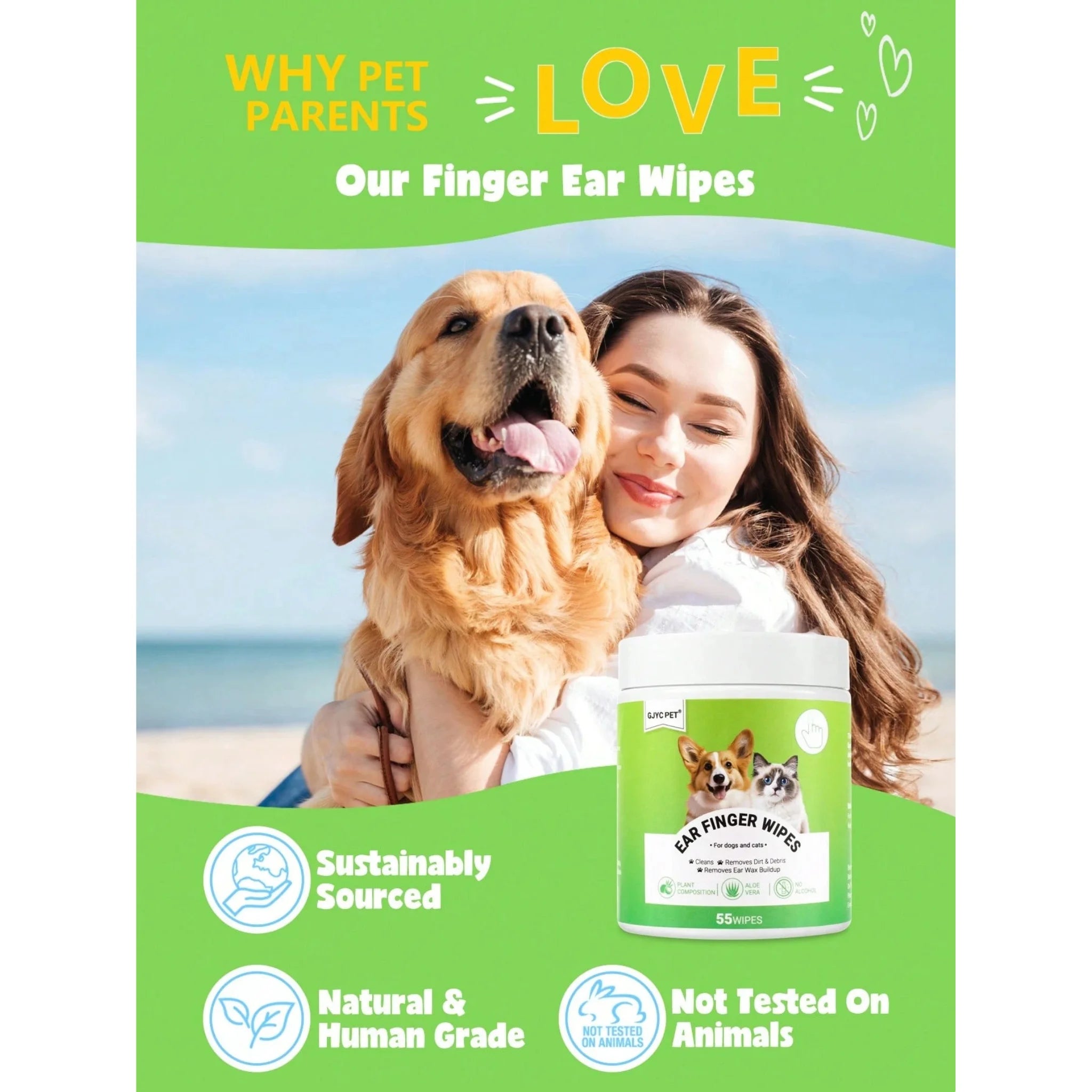 55 pcs ear finger wipes for dogs and cats with a green label, Pet product 