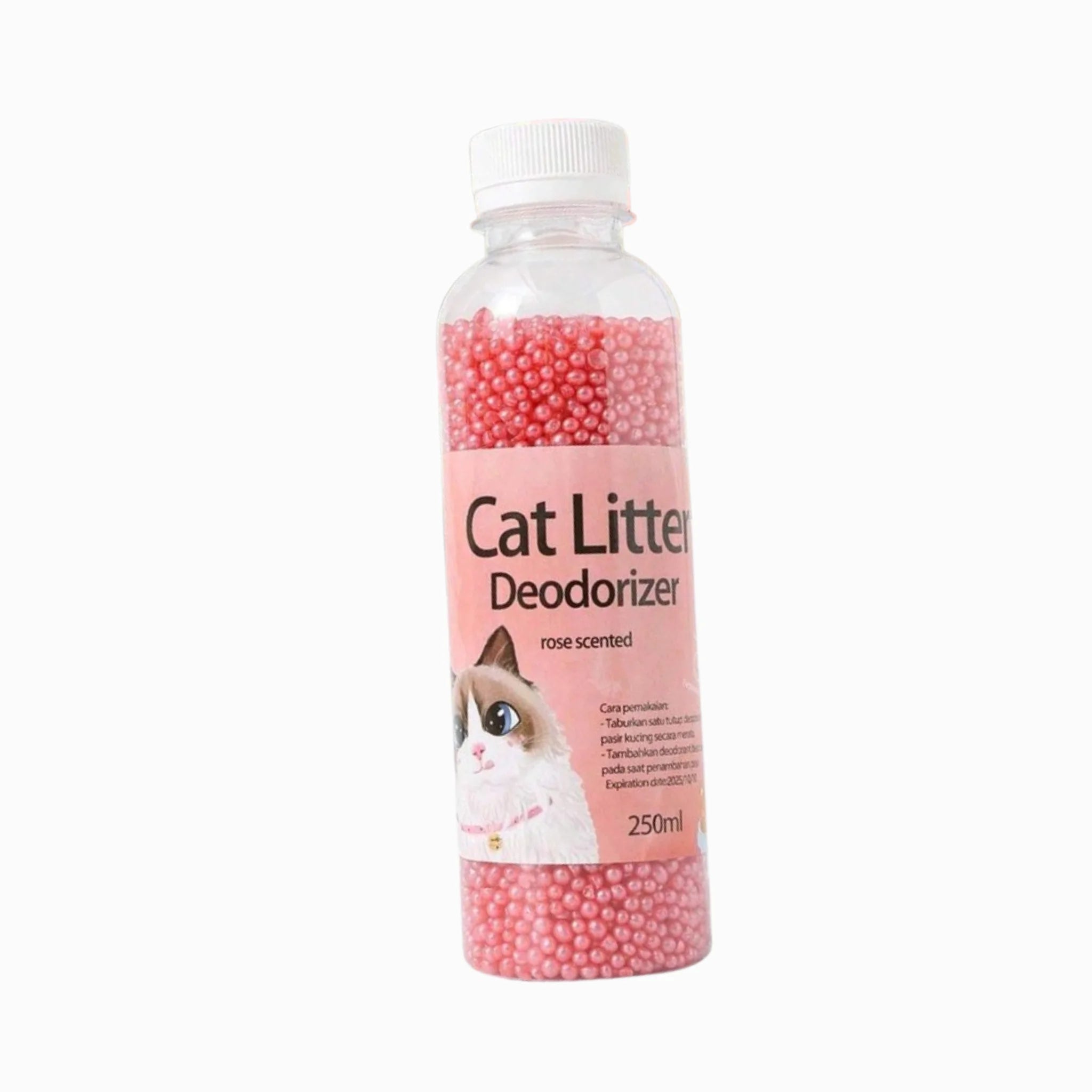 Cat litter deodorizer bottle with pink beads on a white background, Pet product