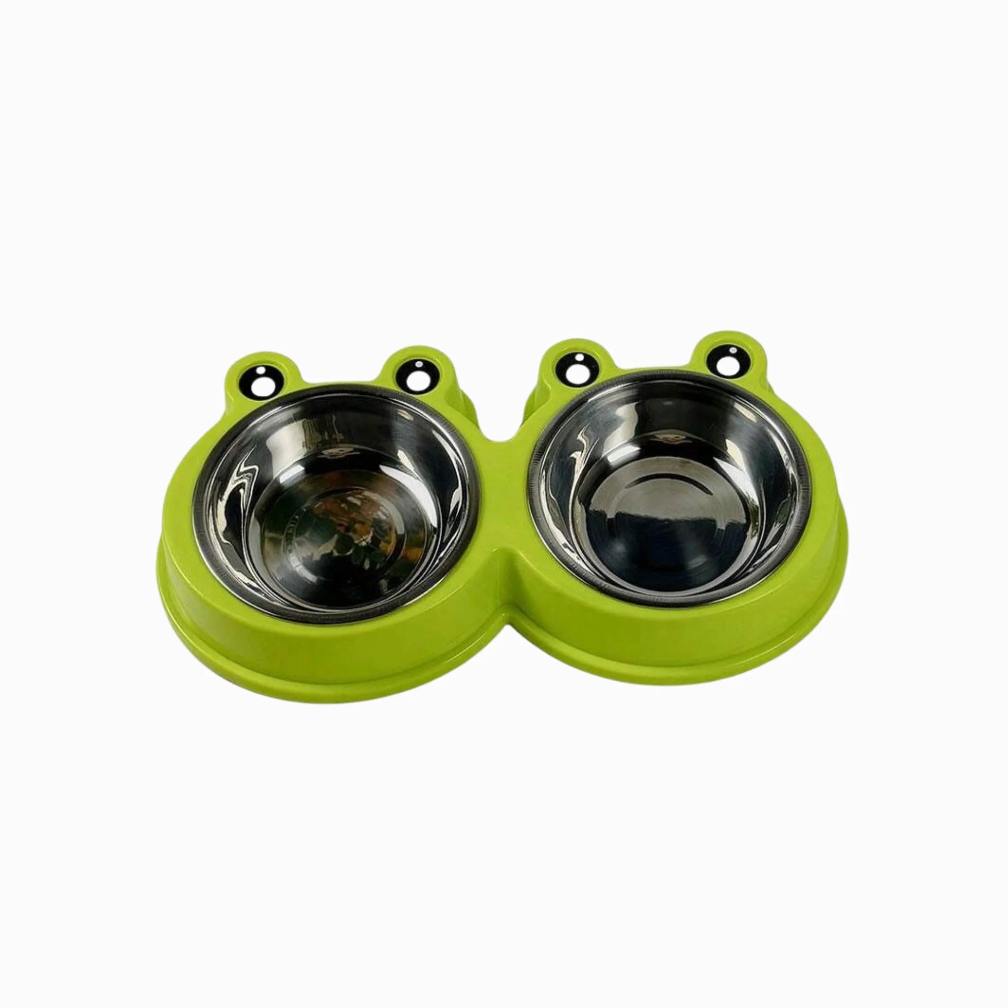 Green double pet bowl with stainless steel bowls on a white background, Pet product